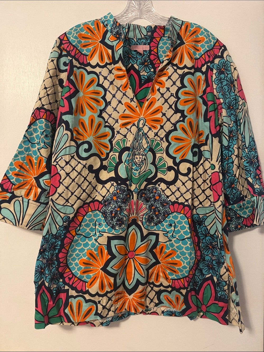 Lilly Pulitzer Palooza Tunic Jubilee Floral Elephant Monkey Top XL Sequin Rare